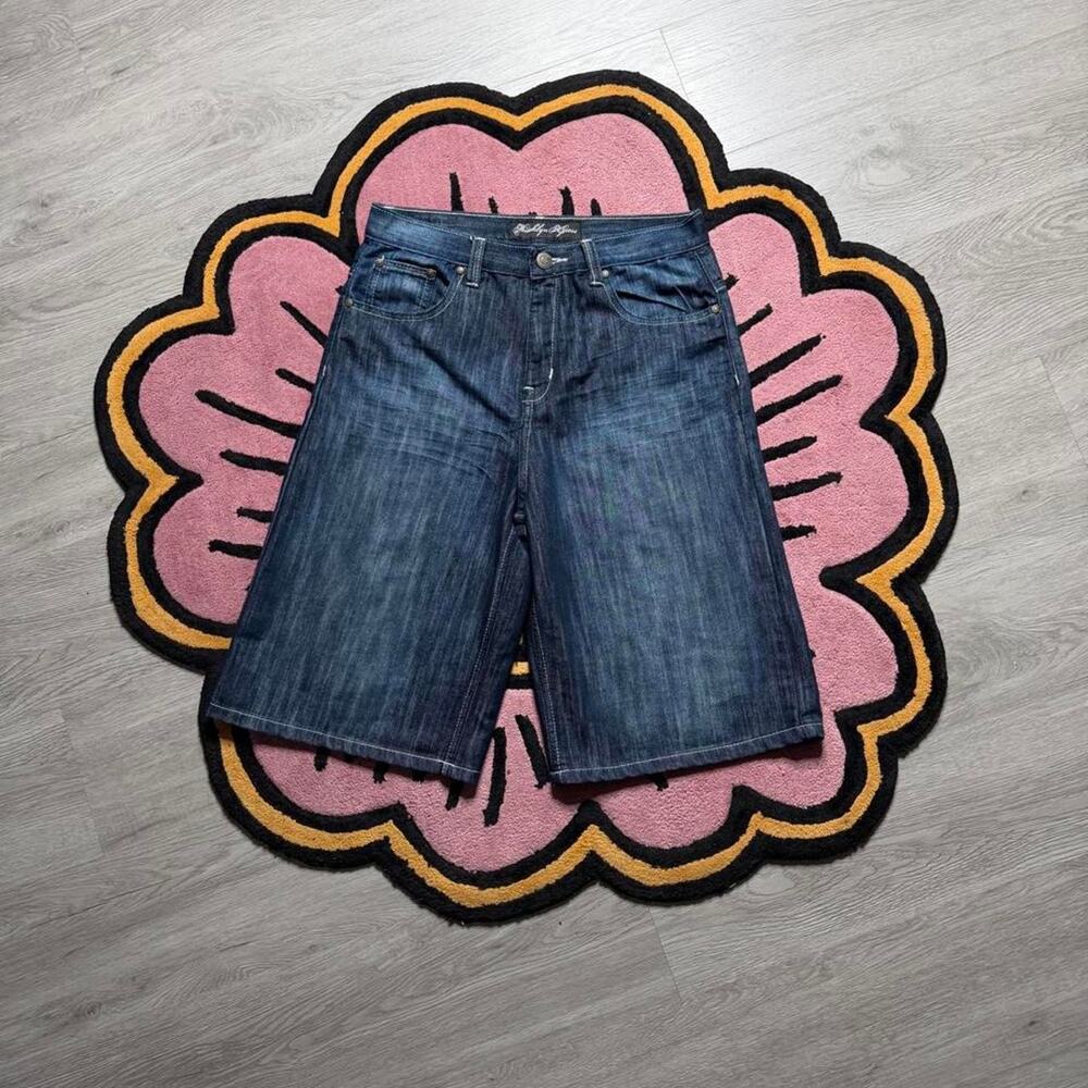 Vintage Y2K Brooklyn Express Embroidered Logo Loose Fit Denim Jean Shorts Sz 32
